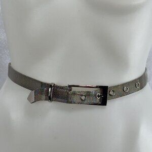 Vintage Metallic Mesh Belt Silver Buckle Detail Adjustable Grommets Size 36
